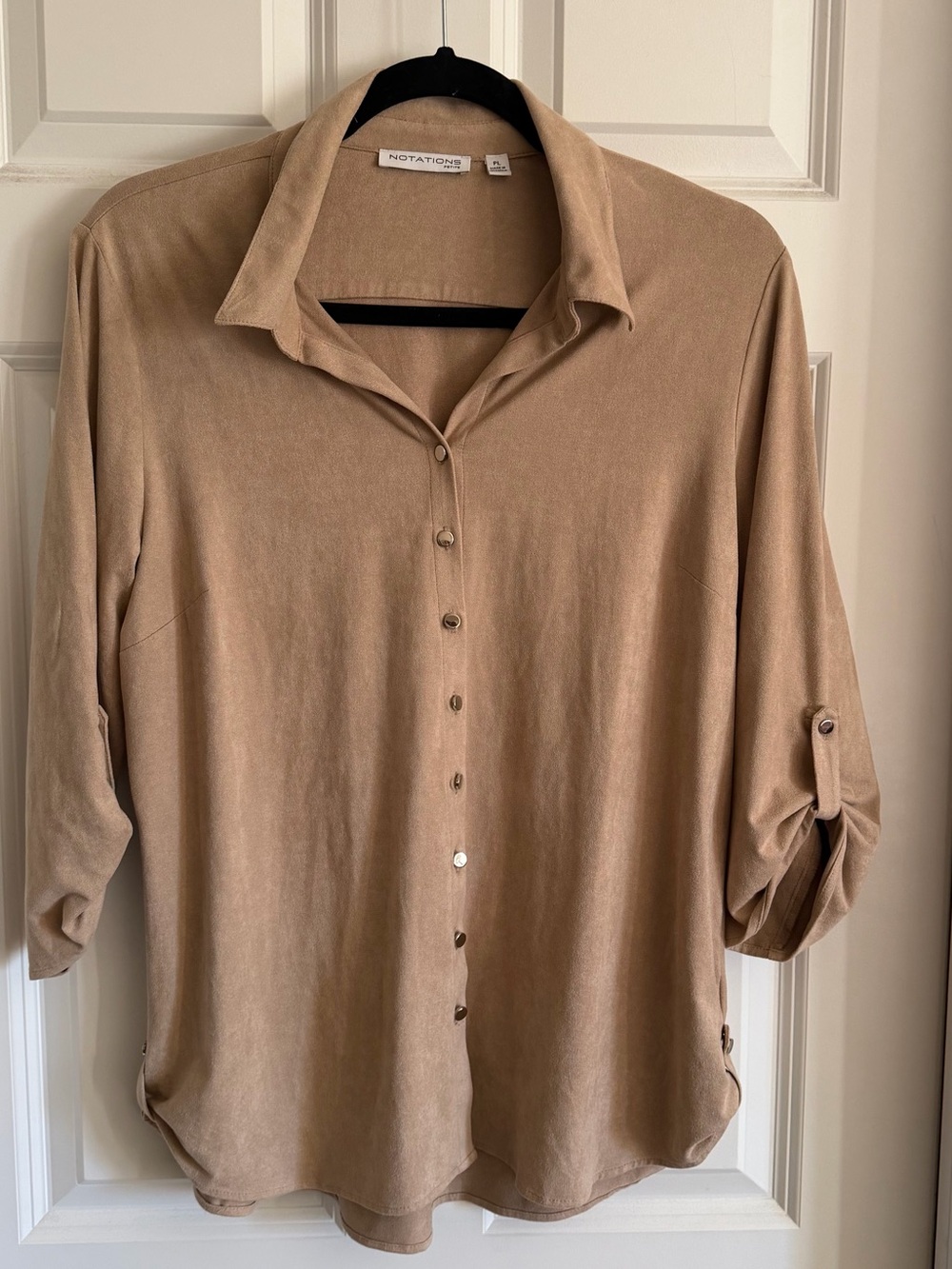 Notations Petite Tan Button Up Tunic Shirt PL Roll Tab Sleeves